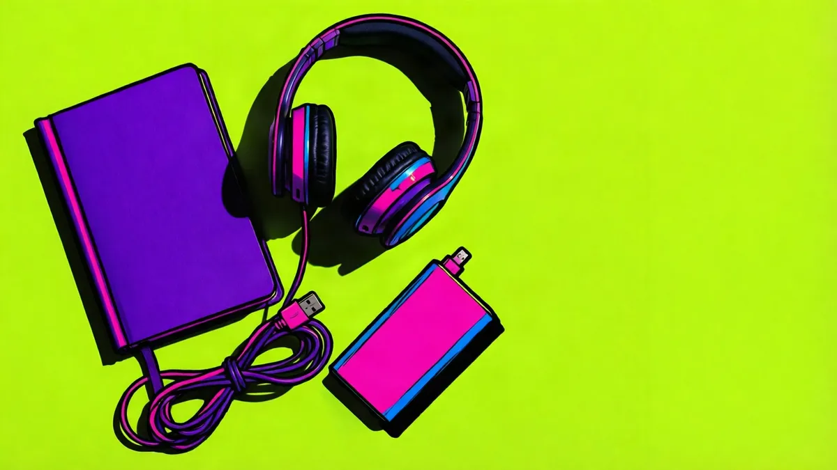 A purple hardbound sketchbook, black and pink over-ear headphones, a coiled cable and a pink power bank arranged on a bright lime background under hard flash lighting